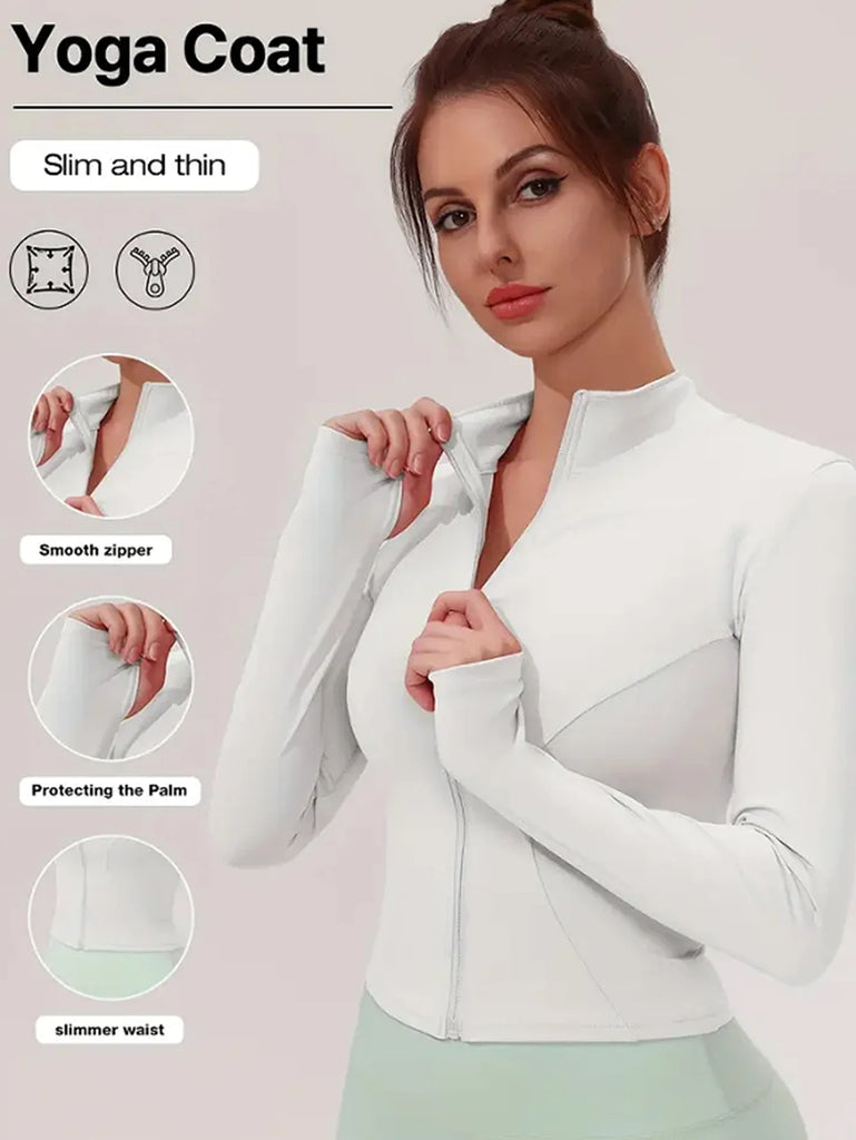 Jaqueta fitness, blusa justa de secagem rápida feminina, edição outono 2025, gola alta com proteção solar de manga comprida, pilates esportivos