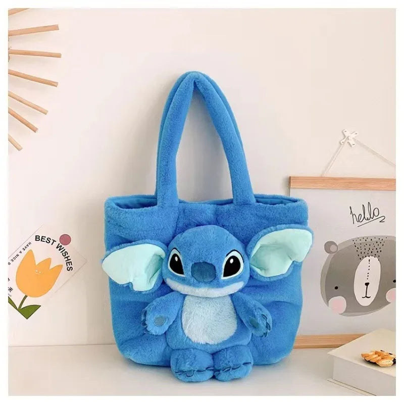 Disney 2025 New Cartoon Plush Doll Shoulder Bag Sweet and Cute Stitch Strawberry Bear Soft Cute Girls Handbag