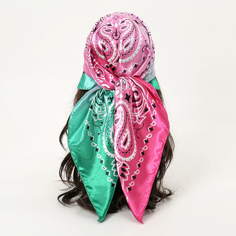 Square satin scarf for Muslim women, elegant hijab, 2025 print silk scarf, shawl wrap, headband, hair accessory.