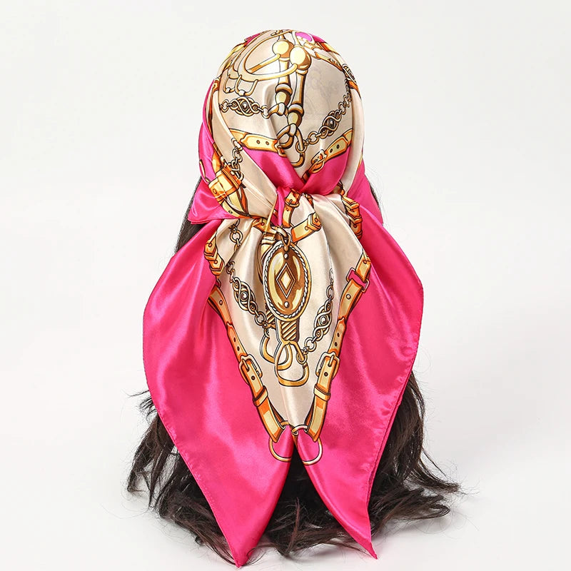 Square satin scarf for Muslim women, elegant hijab, 2025 print silk scarf, shawl wrap, headband, hair accessory.