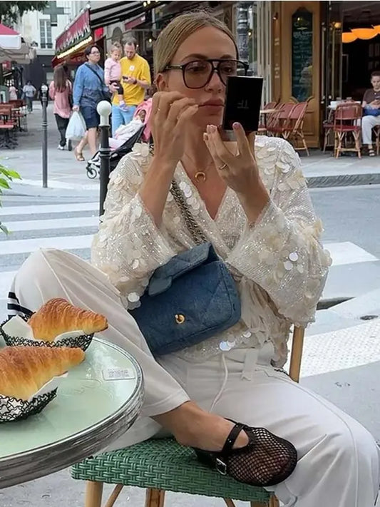 YENKYE New Autumn Women Sequin Kimono Jacket Coat Long Sleeve V Neck Female Casual Loose Outerwear Chic Lady Wrap Outfits