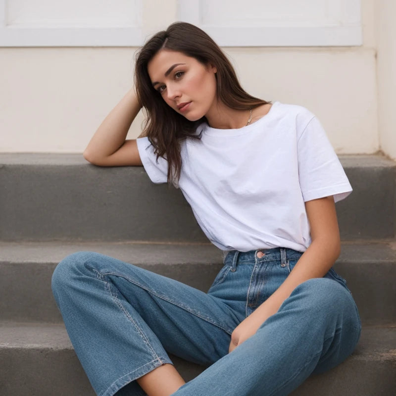 Cotton Short Sleeve Tops 220 Grams Heavy T-shirt Y2k Casual Comfortable Tee Shirt Black & White O-neck Woman Clothing YH2532