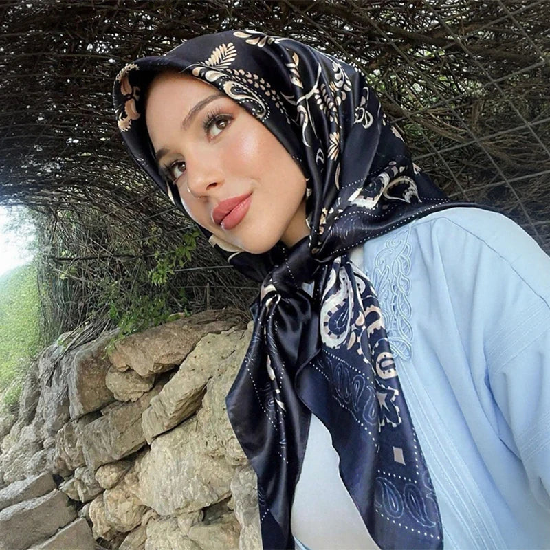 Square satin scarf for Muslim women, elegant hijab, 2025 print silk scarf, shawl wrap, headband, hair accessory.