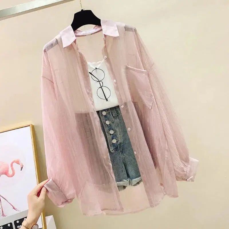 Sunscreen clothing for women, thin cut perspective chiffon shirt, Korean Harajuku loose top, casual women's cardigan top