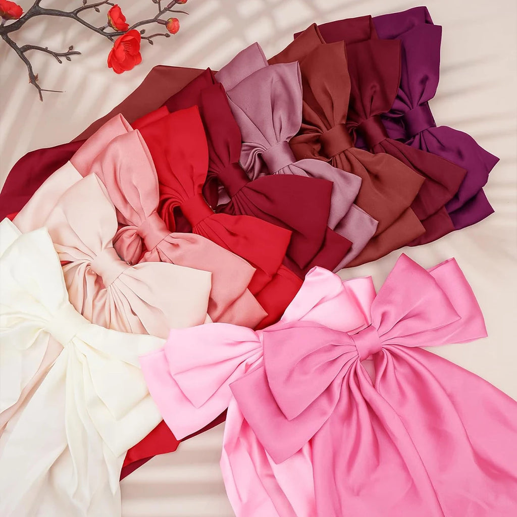 Women's pink bow hair clip, large white satin bow, long tail alligator clip, big hair bow girl suitable for birthday wedding dan