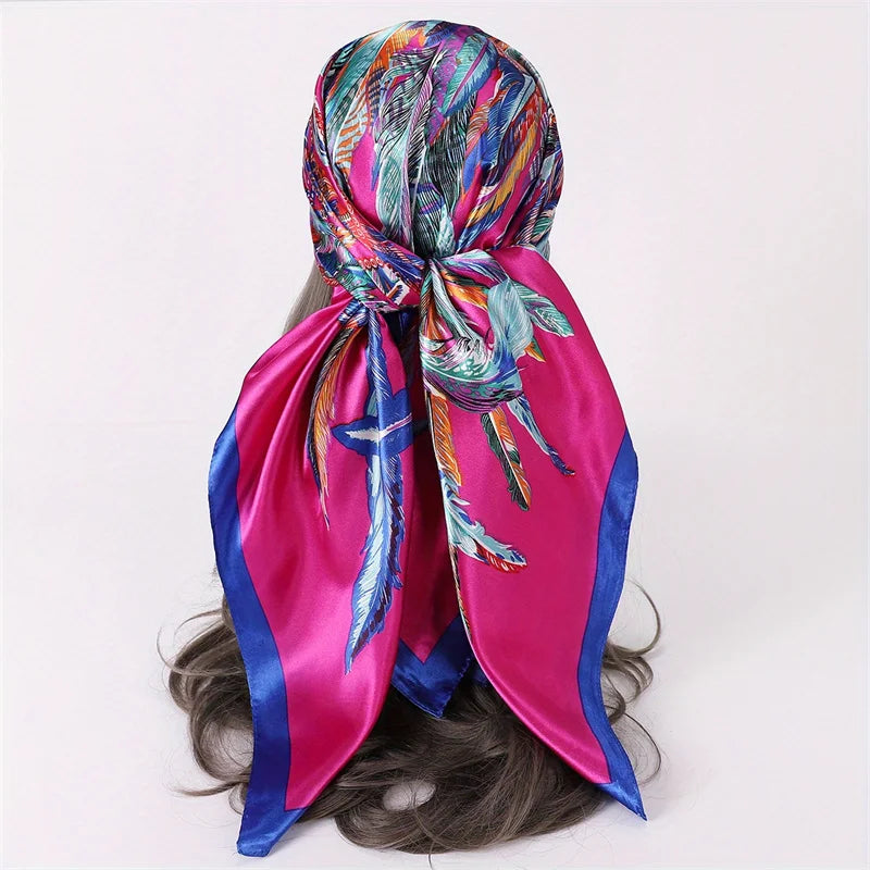 Square satin scarf for Muslim women, elegant hijab, 2025 print silk scarf, shawl wrap, headband, hair accessory.