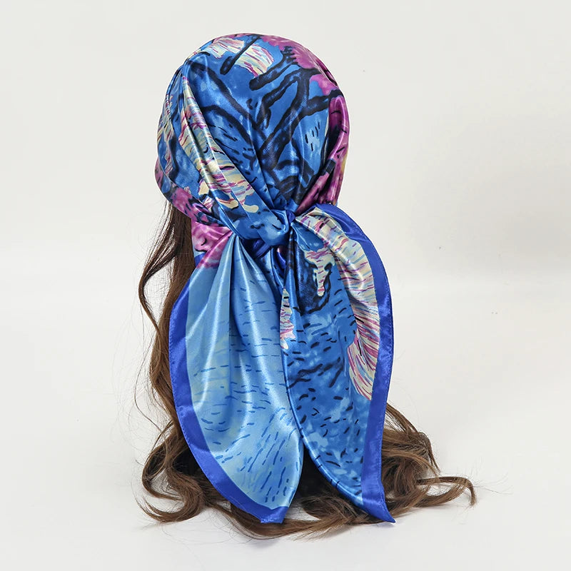 Square satin scarf for Muslim women, elegant hijab, 2025 print silk scarf, shawl wrap, headband, hair accessory.