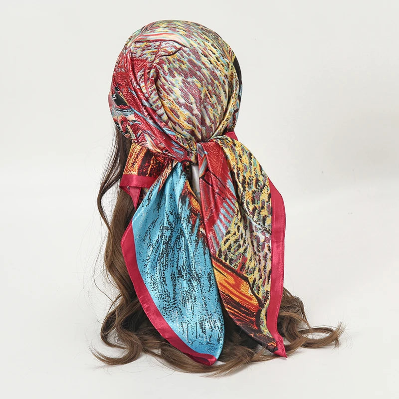 Square satin scarf for Muslim women, elegant hijab, 2025 print silk scarf, shawl wrap, headband, hair accessory.