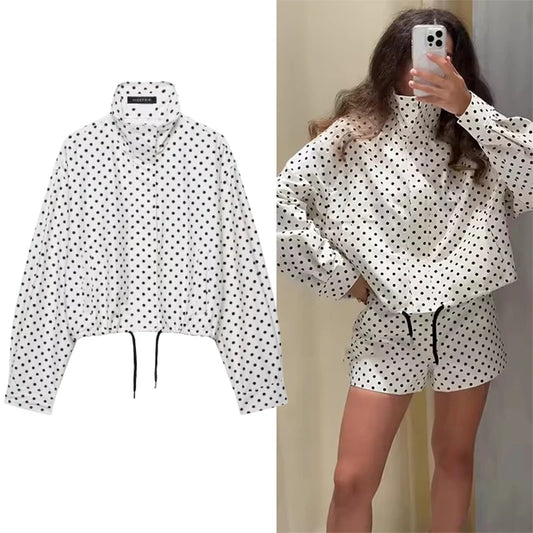 Polka Dot Print Short Coats Women's High Street Long Sleeve Jackets for Women 2025 Elegant Office Ladies Casual Outerwear