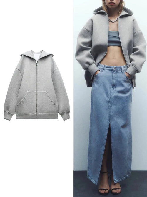 Women's Versatile Hooded Zip Long Sleeve Loose Jacket Fashion Oversized Casual Top Sweatshirt Street Basic Sports Wear
