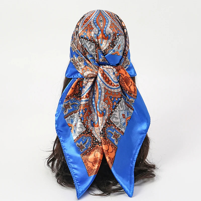 Square satin scarf for Muslim women, elegant hijab, 2025 print silk scarf, shawl wrap, headband, hair accessory.