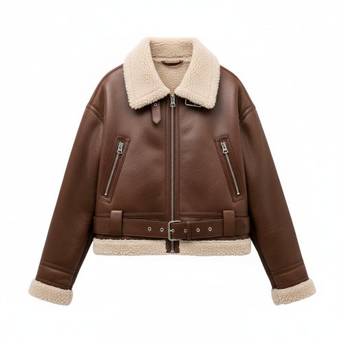 2026 New Woman's Fashion Thick Warm Faux Shearling Jacket Coat Vintage Long Sleeve Belt Hem Female Outerw