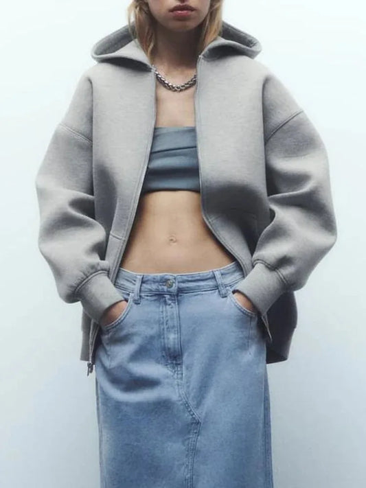 Women's Versatile Hooded Zip Long Sleeve Loose Jacket Fashion Oversized Casual Top Sweatshirt Street Basic Sports Wear