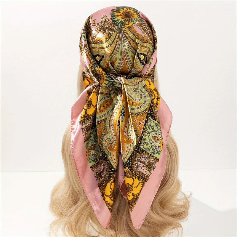 Square satin scarf for Muslim women, elegant hijab, 2025 print silk scarf, shawl wrap, headband, hair accessory.