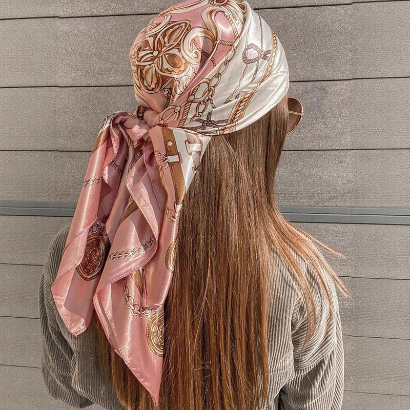 Square satin scarf for Muslim women, elegant hijab, 2025 print silk scarf, shawl wrap, headband, hair accessory.