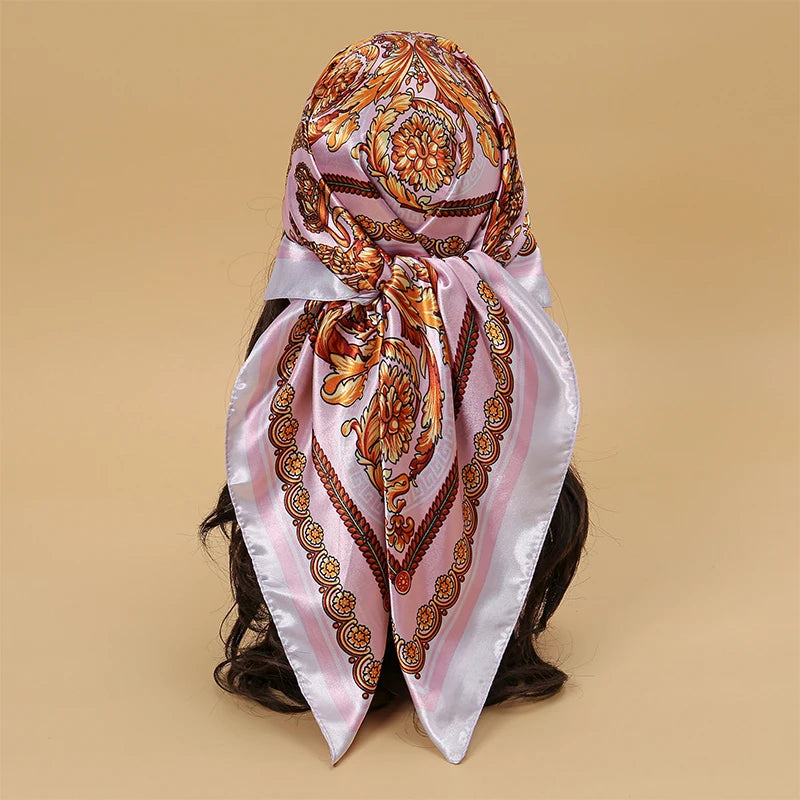 Square satin scarf for Muslim women, elegant hijab, 2025 print silk scarf, shawl wrap, headband, hair accessory.