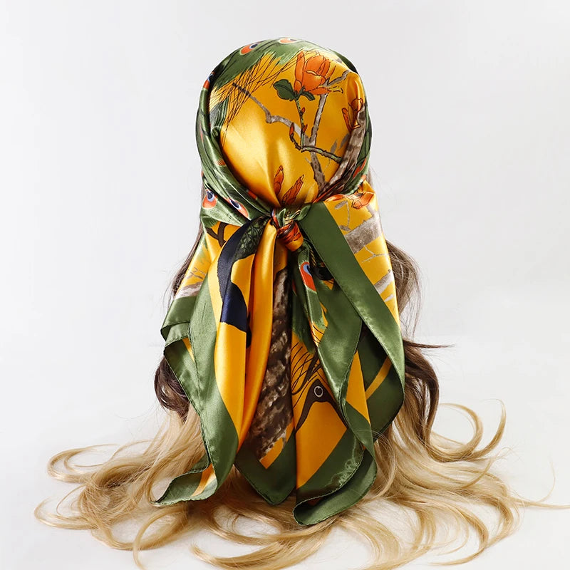 Square satin scarf for Muslim women, elegant hijab, 2025 print silk scarf, shawl wrap, headband, hair accessory.