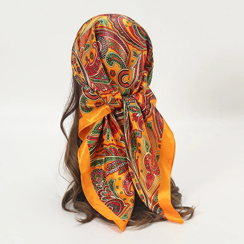 Square satin scarf for Muslim women, elegant hijab, 2025 print silk scarf, shawl wrap, headband, hair accessory.
