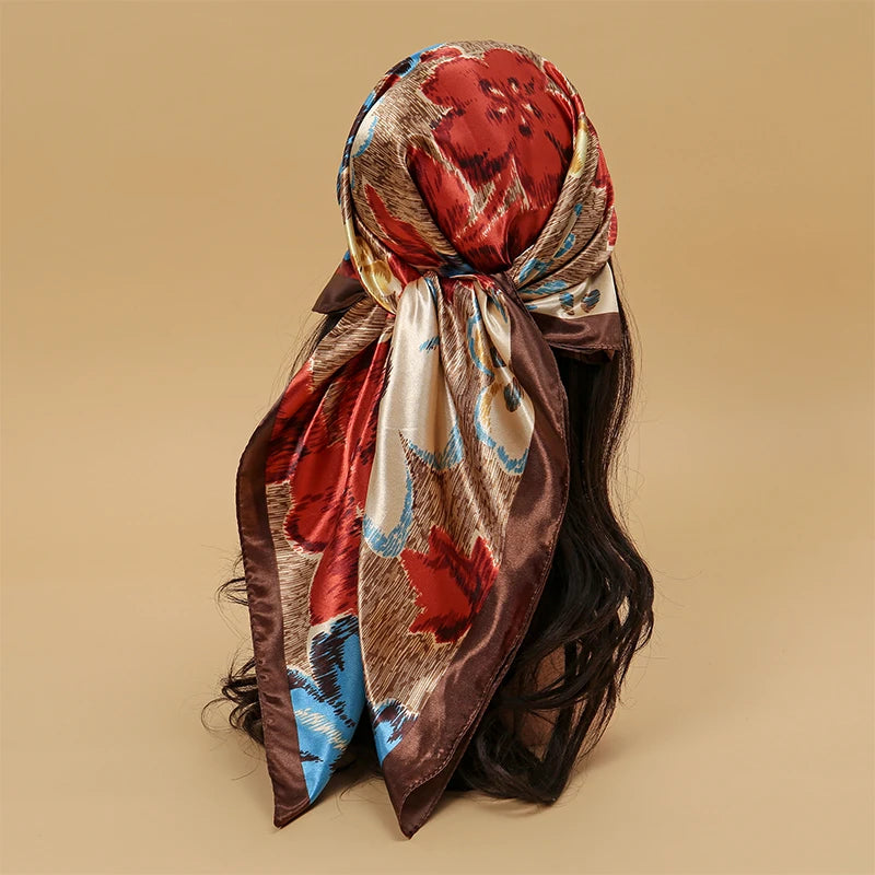 Square satin scarf for Muslim women, elegant hijab, 2025 print silk scarf, shawl wrap, headband, hair accessory.