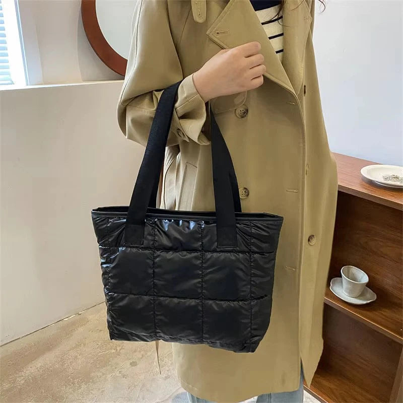 Fashion Ladies Tote Handbags Large Capacity Cotton Padded Shopping Bag Rhombus Portable Handbag Quilted Solid for Leisure Travel