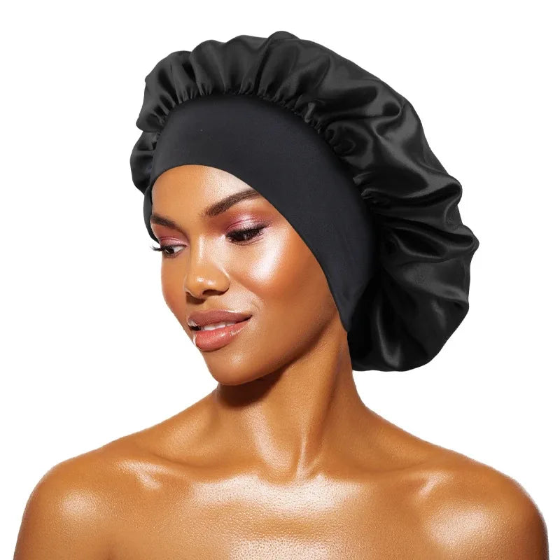 Women's Satin Solid Bonnets Wide-brimmed Night Sleeping Bathing Hat Unisex Head Wrap Elastic Band Cap Hair Care Bonnet