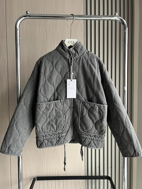 Women's Cotton Jacket  2025 New Arrival Vintage Lenzing Rayon High Collar Large Pocket Decorative Quilted Coat for Women