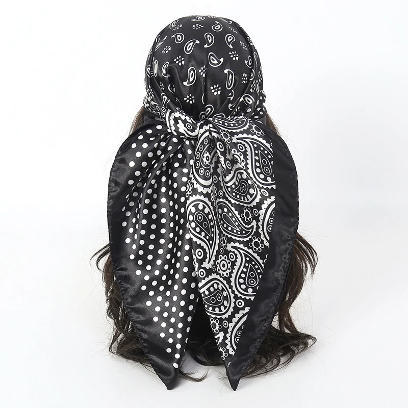 Square satin scarf for Muslim women, elegant hijab, 2025 print silk scarf, shawl wrap, headband, hair accessory.