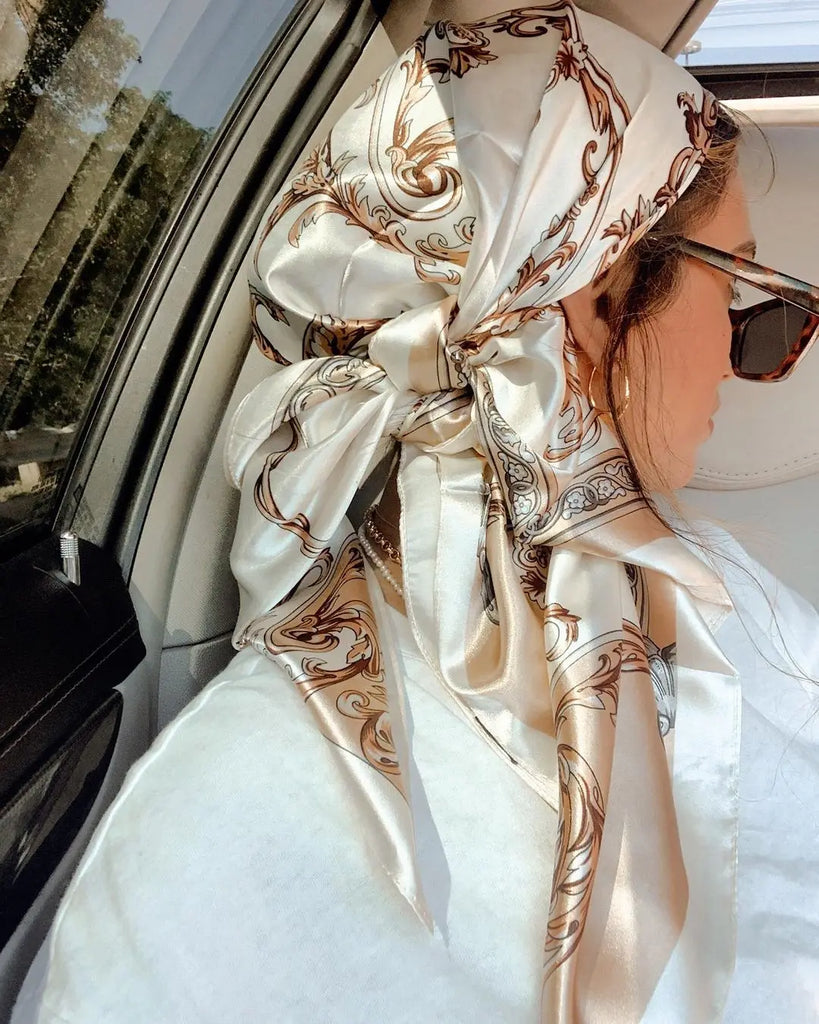 Square satin scarf for Muslim women, elegant hijab, 2025 print silk scarf, shawl wrap, headband, hair accessory.
