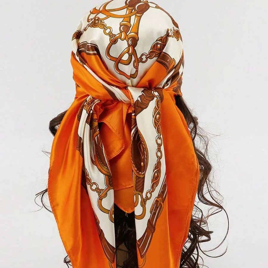 Square satin scarf for Muslim women, elegant hijab, 2025 print silk scarf, shawl wrap, headband, hair accessory.