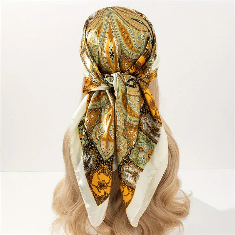 Square satin scarf for Muslim women, elegant hijab, 2025 print silk scarf, shawl wrap, headband, hair accessory.